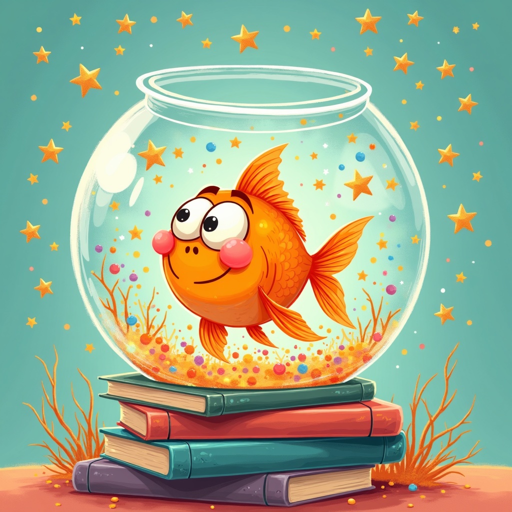 Gerald the goldfish surrounded by books and confetti