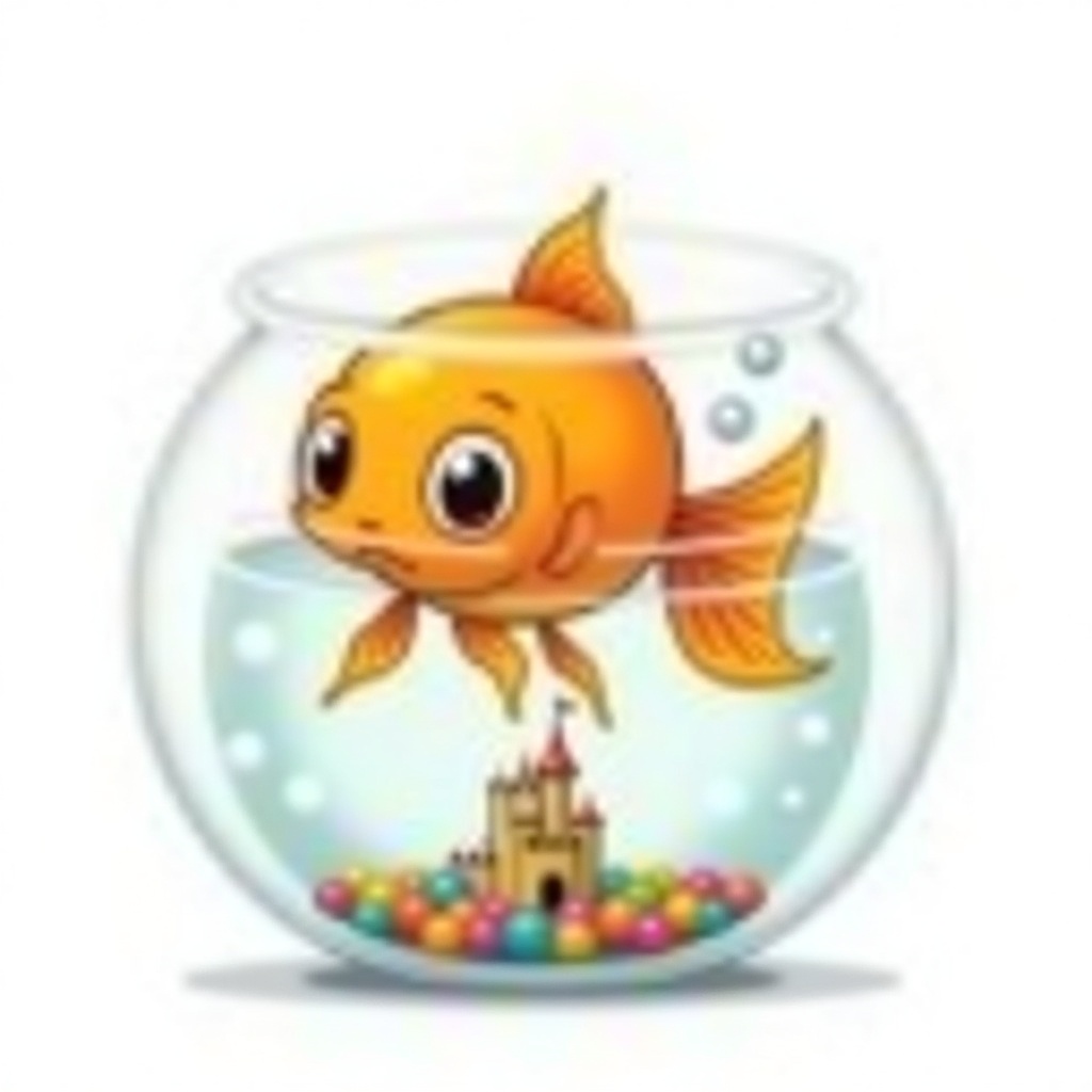 Gerald the goldfish — droopy eyes, tiny castle, maximum boredom