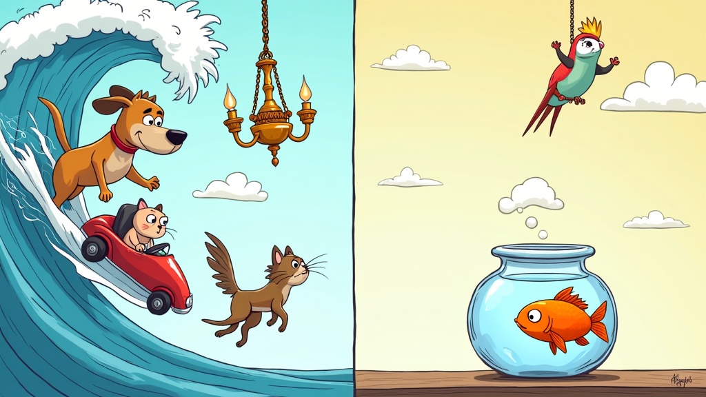 Split scene: adventurous pets on the left, Gerald unimpressed in his bowl on the right