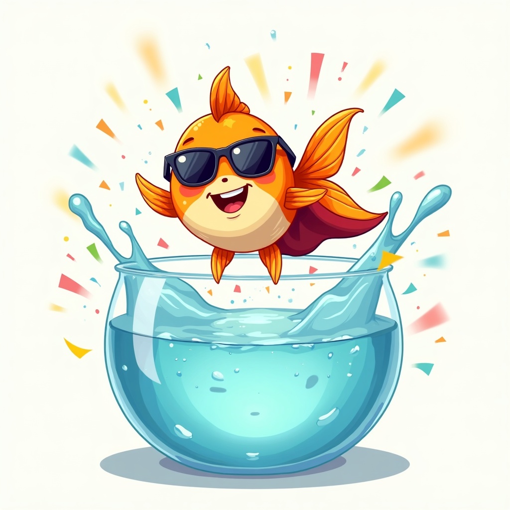 Gerald the goldfish bursts from his bowl in a superhero cape — the glorious punchline ending